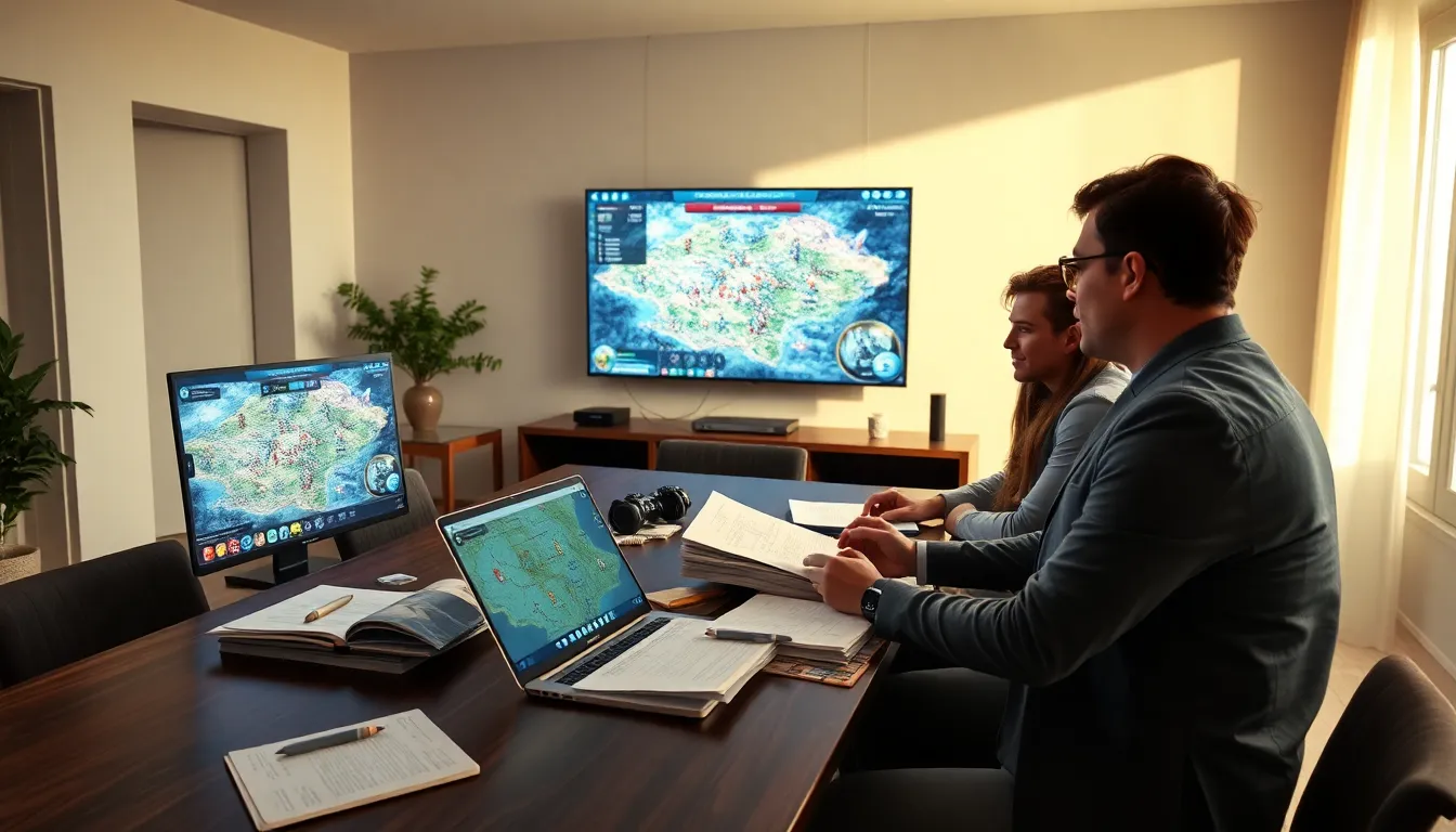 diverse group of players strategizing in a modern gaming room.