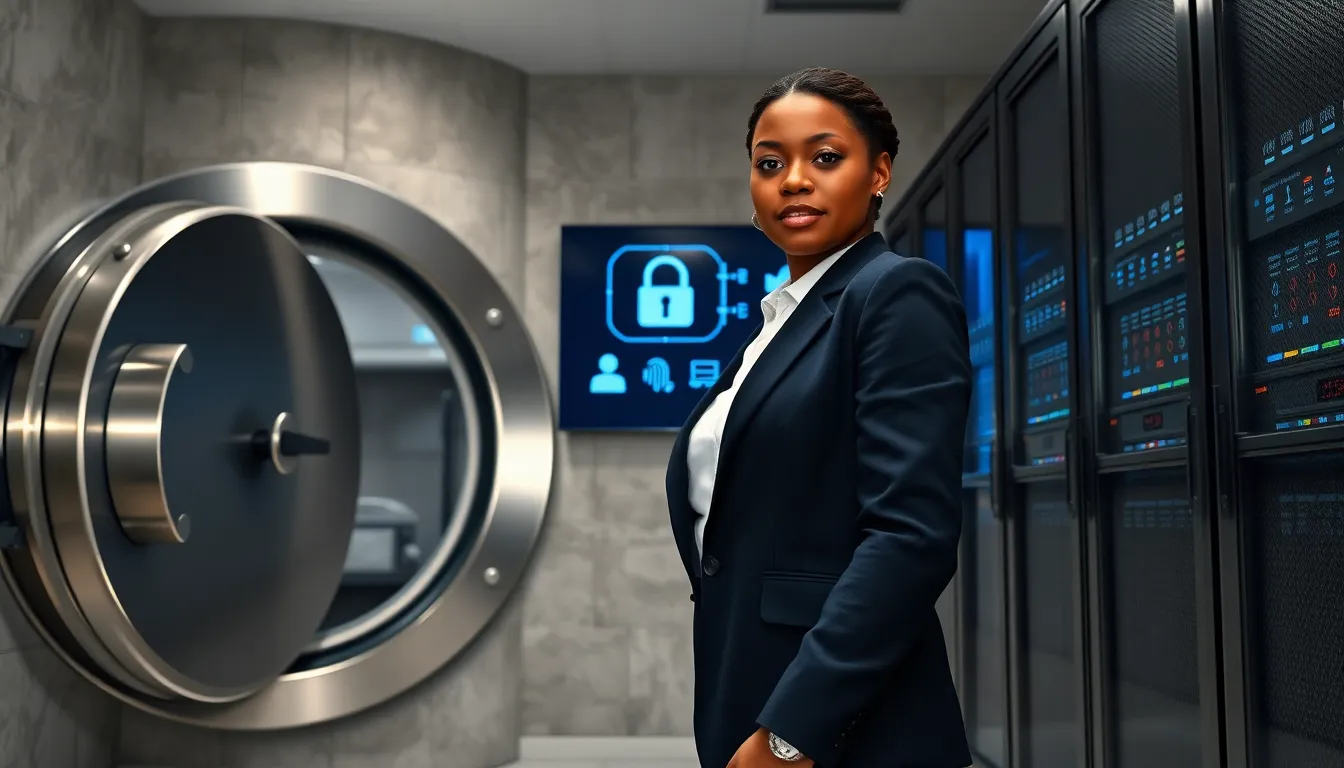 Security manager using biometric scanner in a modern vault room with servers.