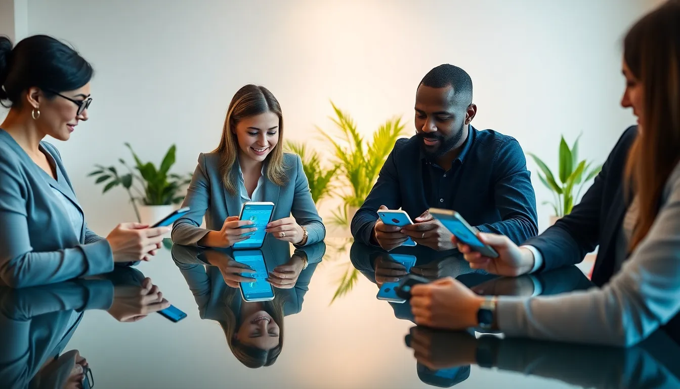 diverse professionals discussing Omnipod compatible phones in a modern office.