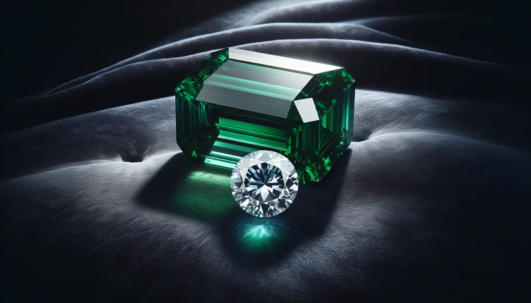 An emerald and a diamond displayed on a velvet surface.