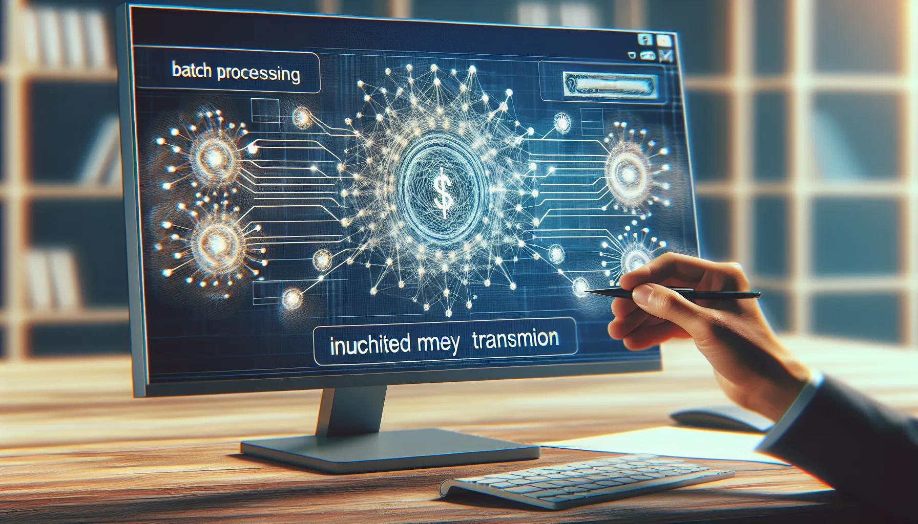 A digital screen showing an ACH money transfer in progress.