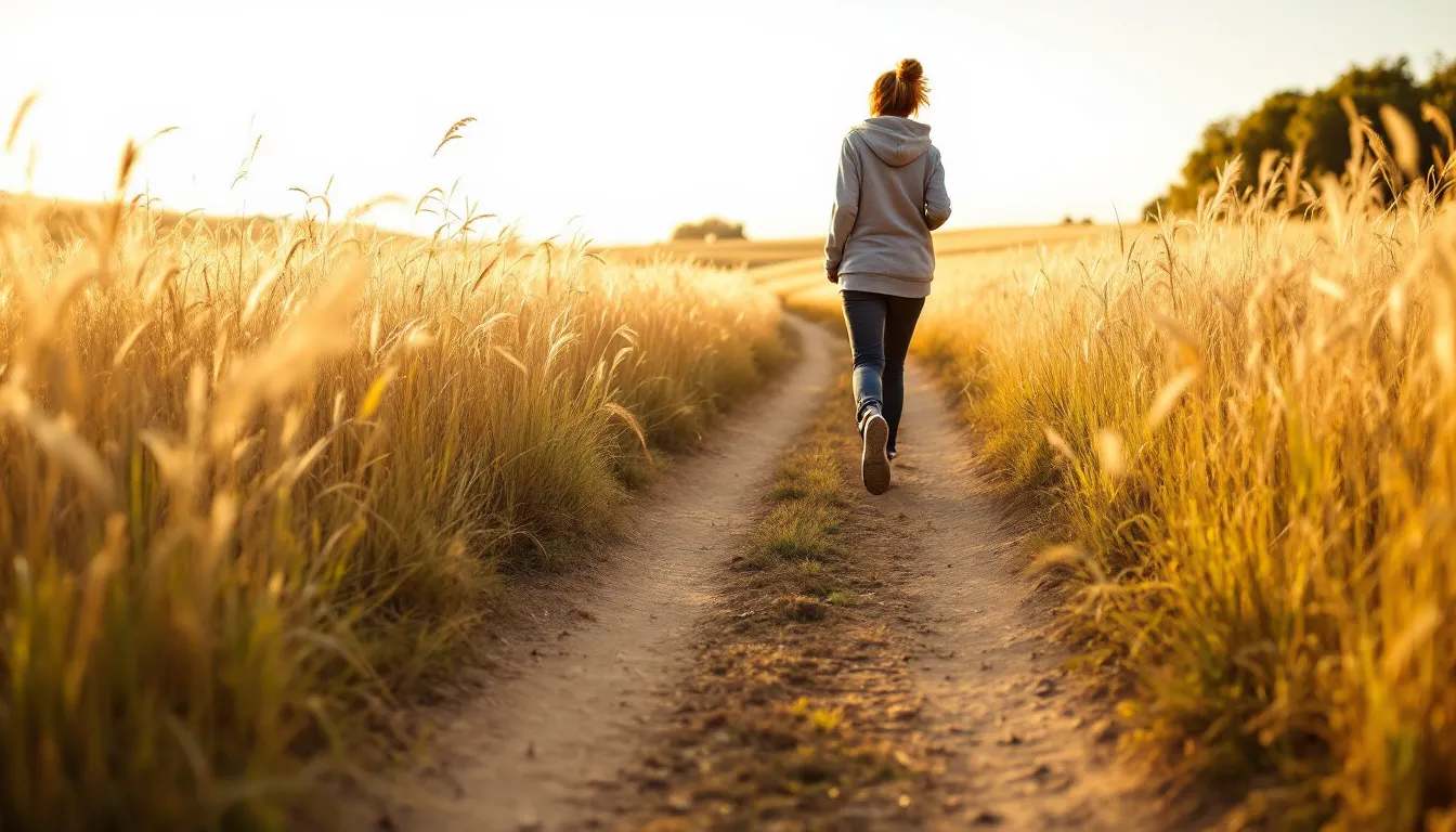 A worn path through tall golden grass with a woman walking forward at sunset.