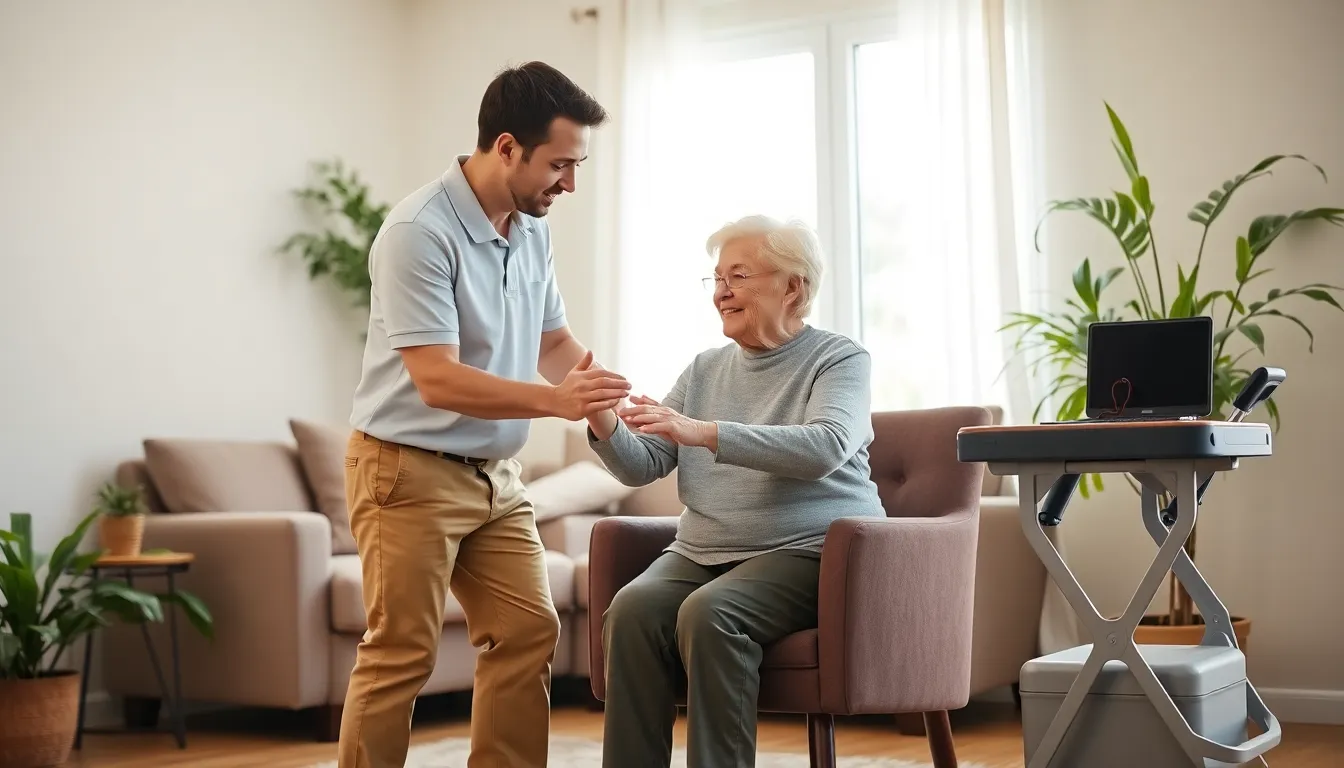 therapist aiding a patient in a comfortable living room.