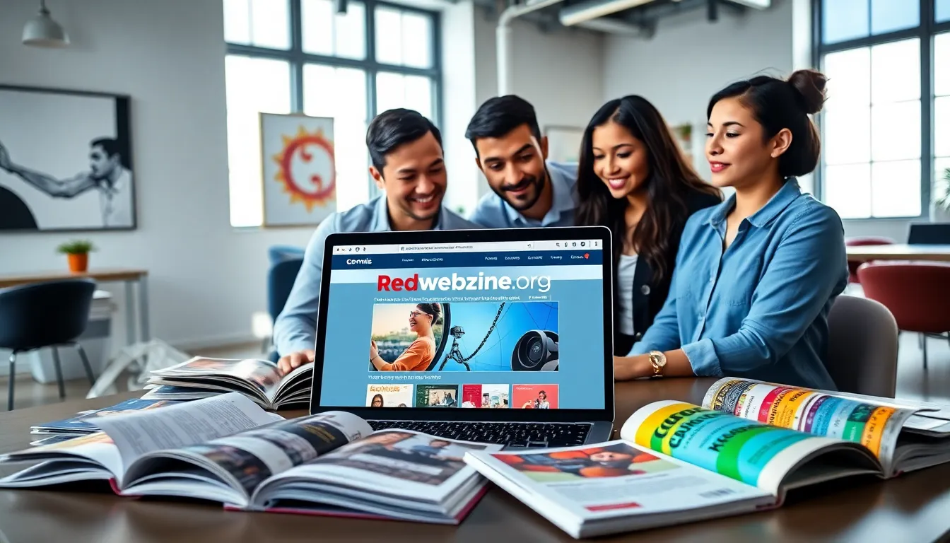 professionals collaborating over a laptop in a modern office setting.