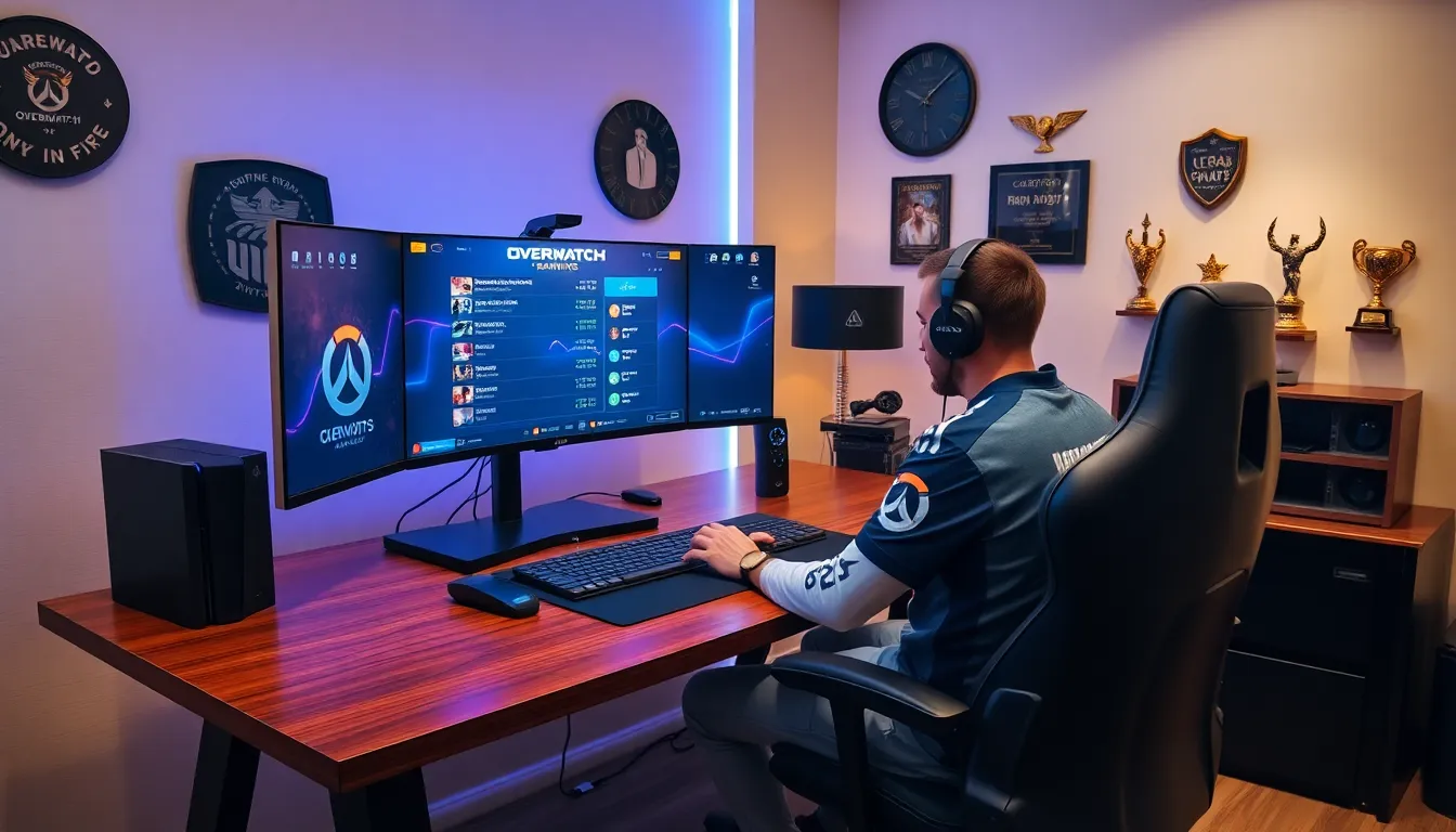 a professional gamer in a modern gaming room focused on Overwatch rankings.