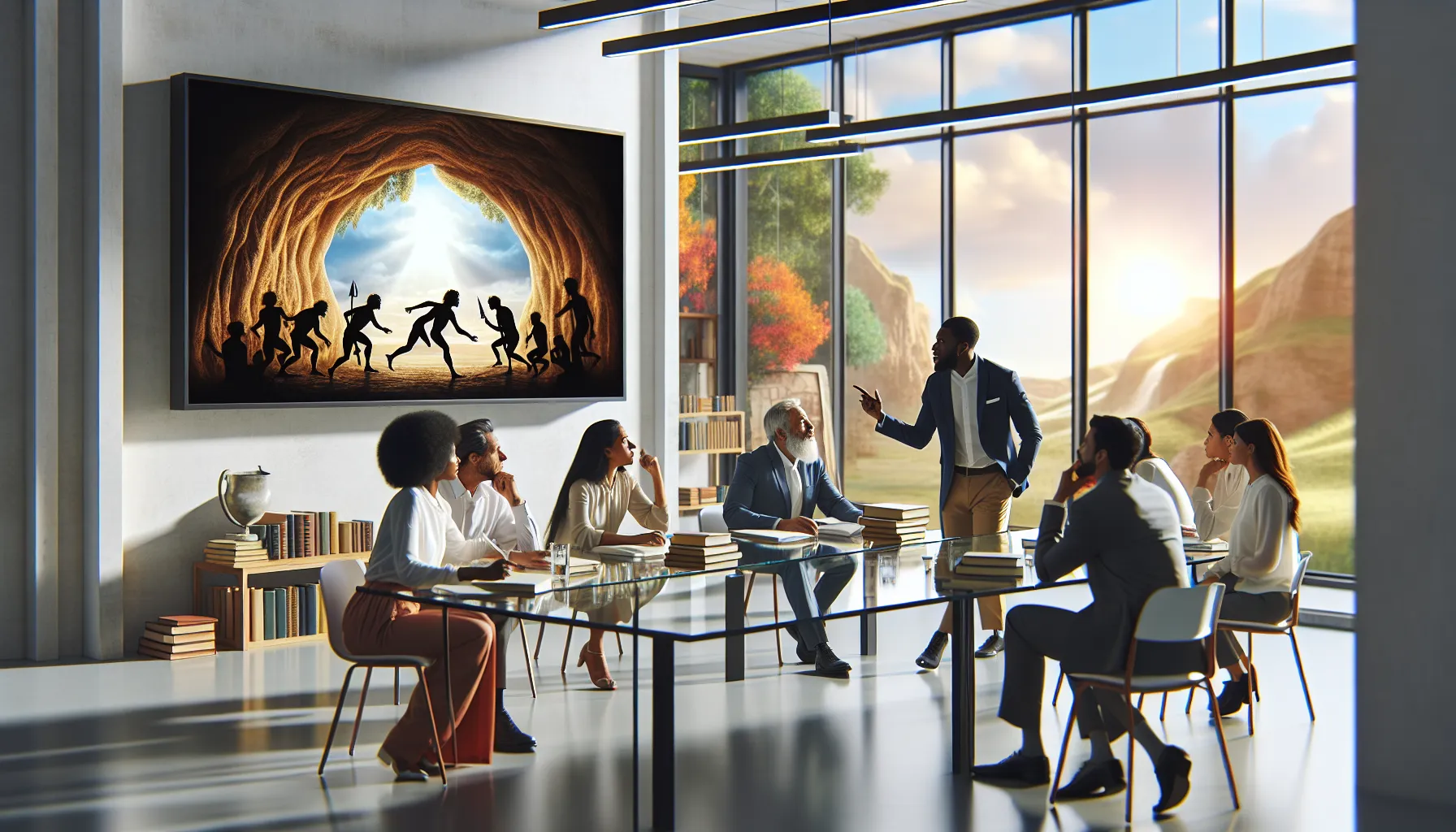 diverse group discussing Plato's Allegory of the Cave in a bright classroom.