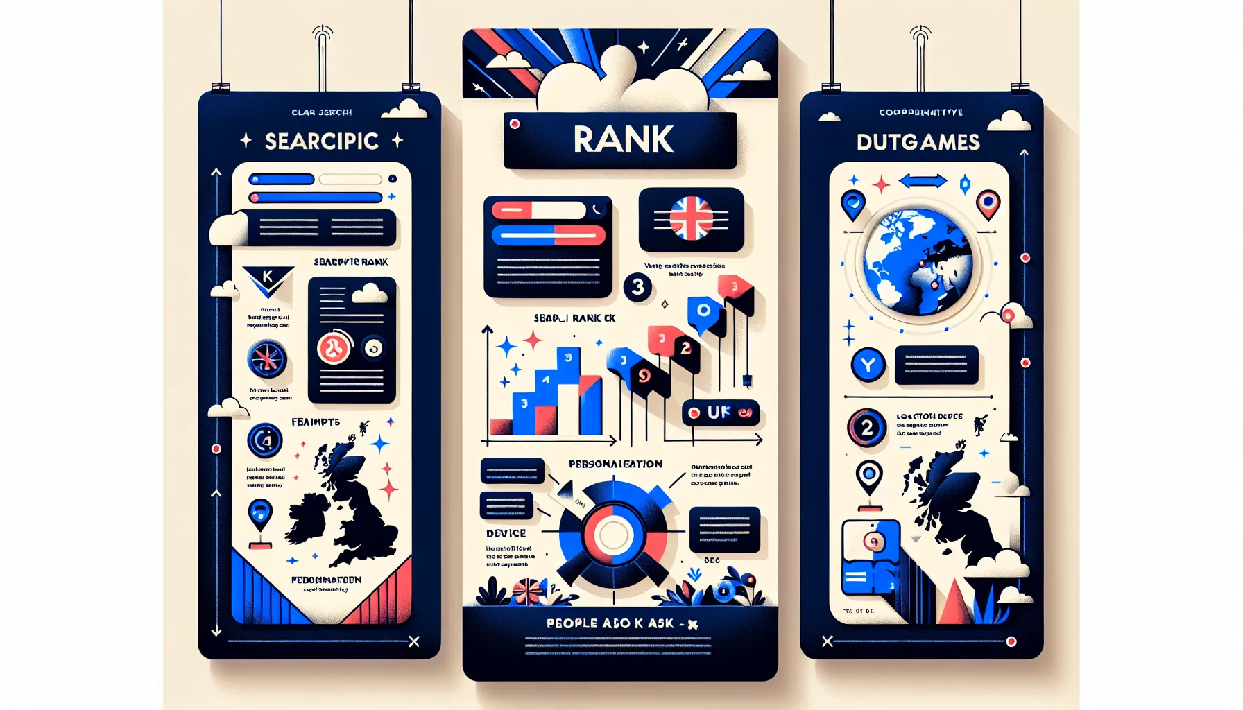 Infographic showing UK SERP factors, location/device variance, and rank-to-conversion flow.