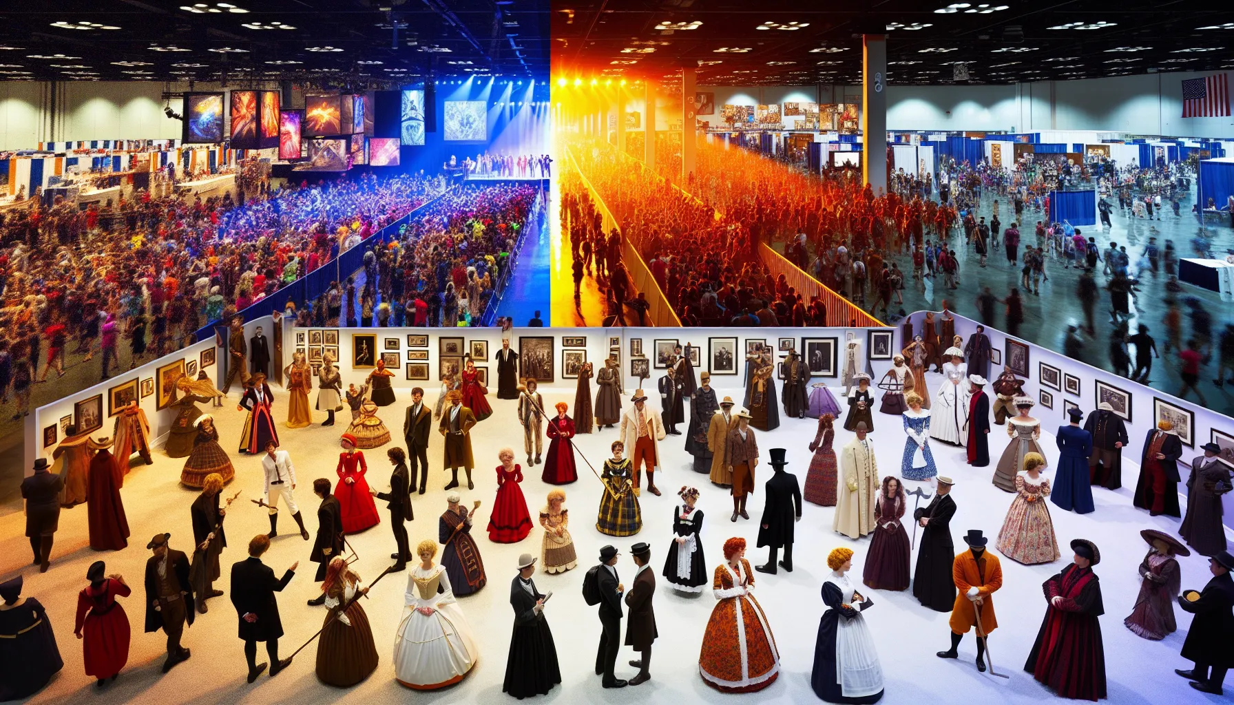 A convention showcases cosplay skits and historical costume exhibits.