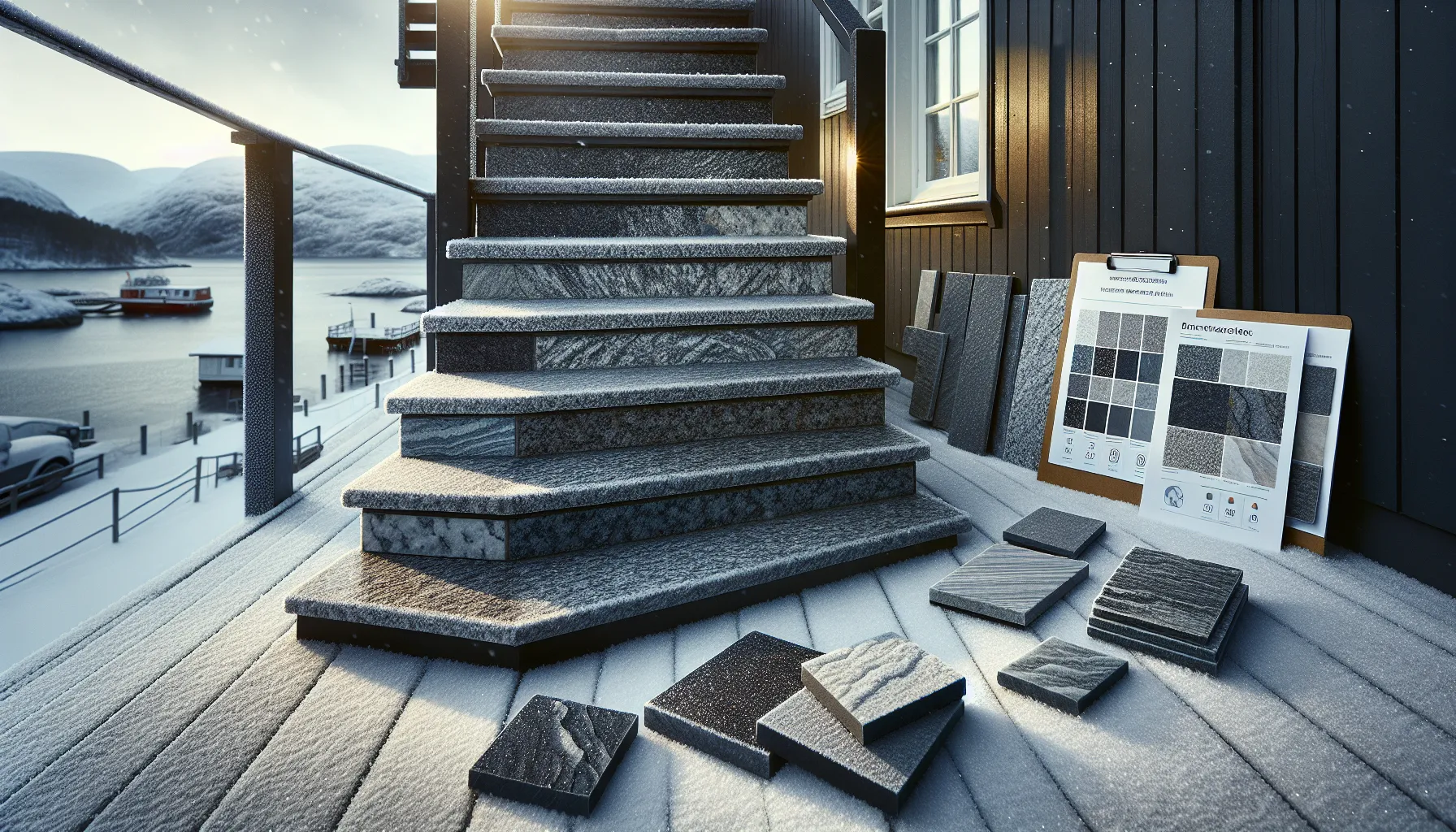 Textured granite outdoor step with frost, water beads, and secure grout joints.