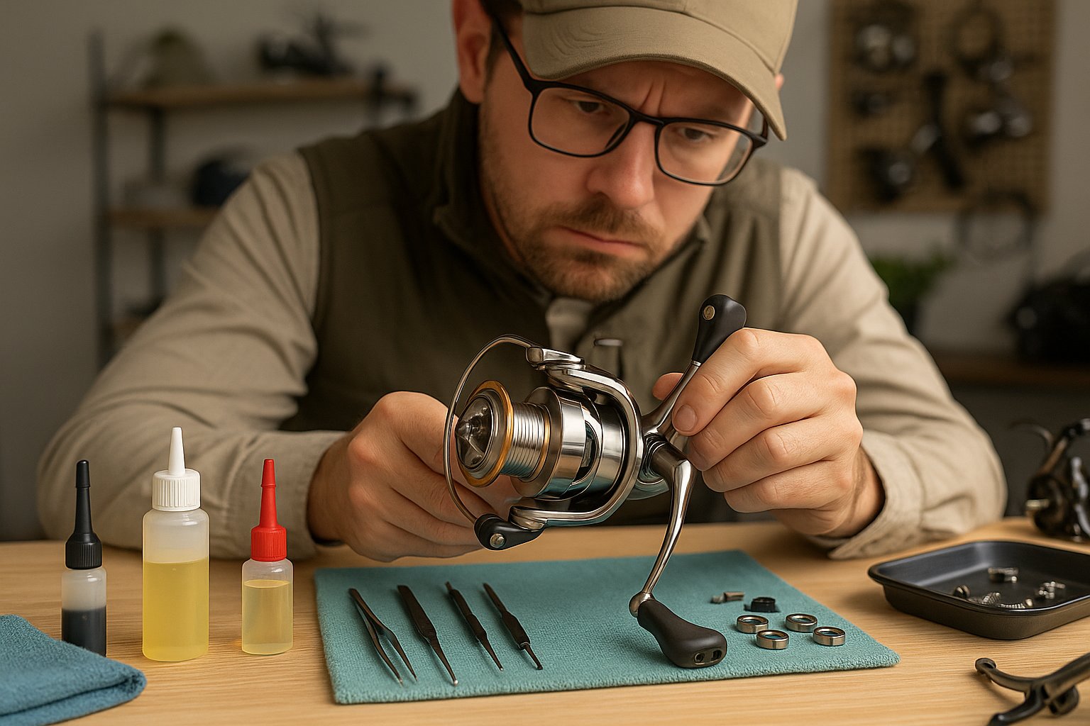 Person inspecting a fishing reel on a clean workbench.