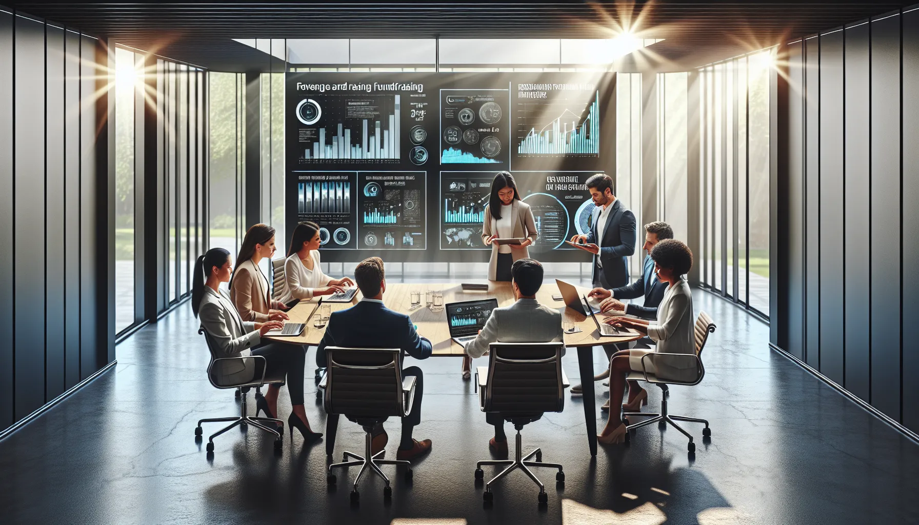 diverse team discussing digital fundraising strategies in a modern office.