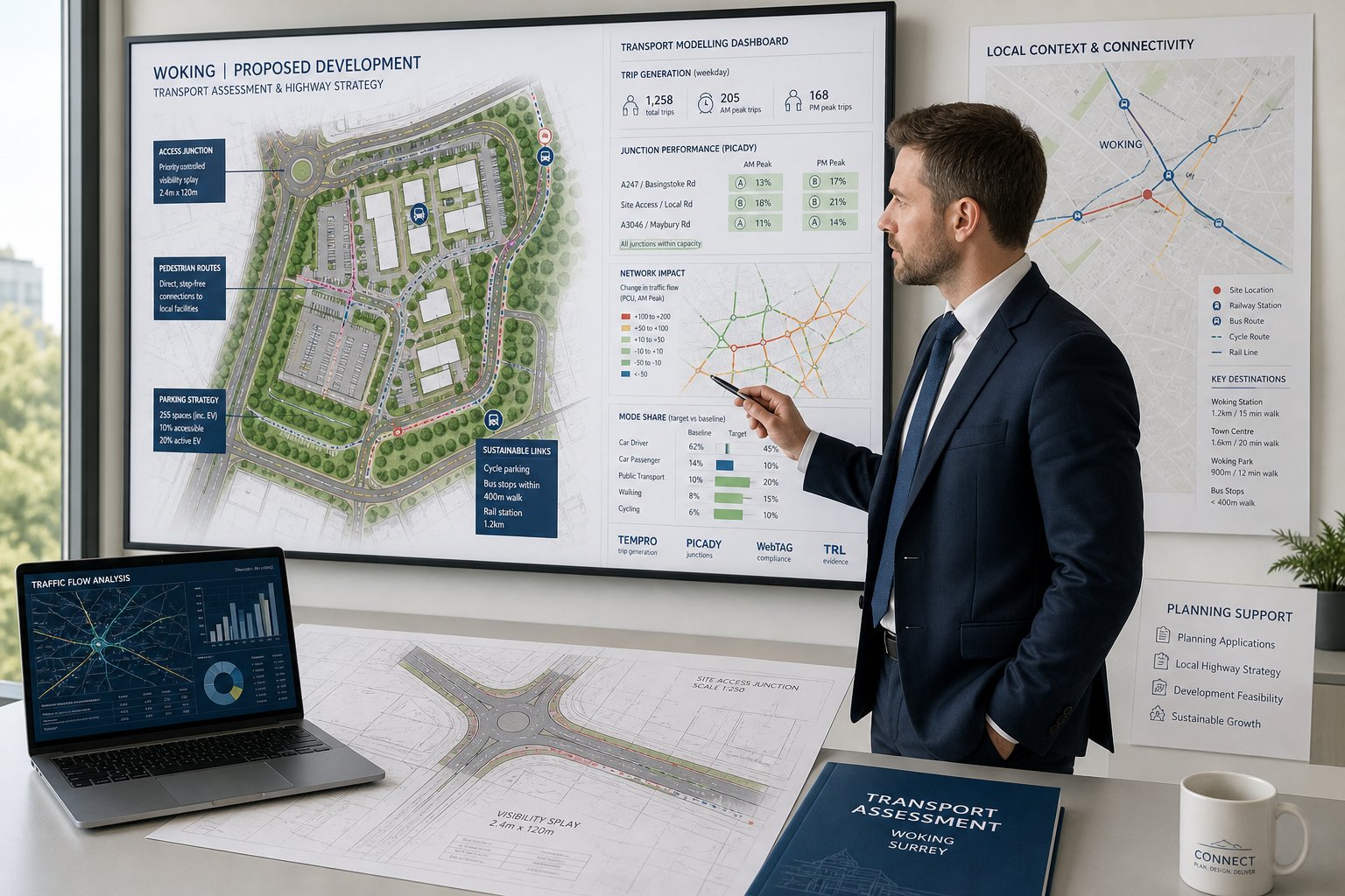 Traffic engineer reviewing development plans and road access in a modern office.