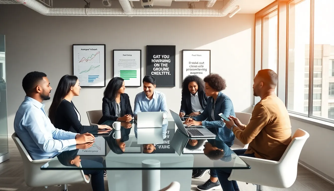 diverse professionals discussing growth in a modern office.