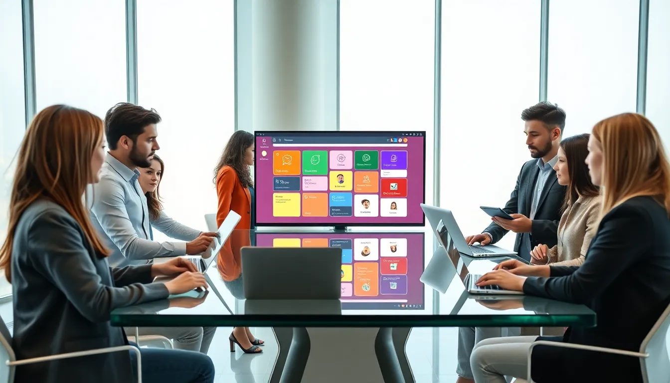 diverse team collaborating on low code platforms in a modern office.