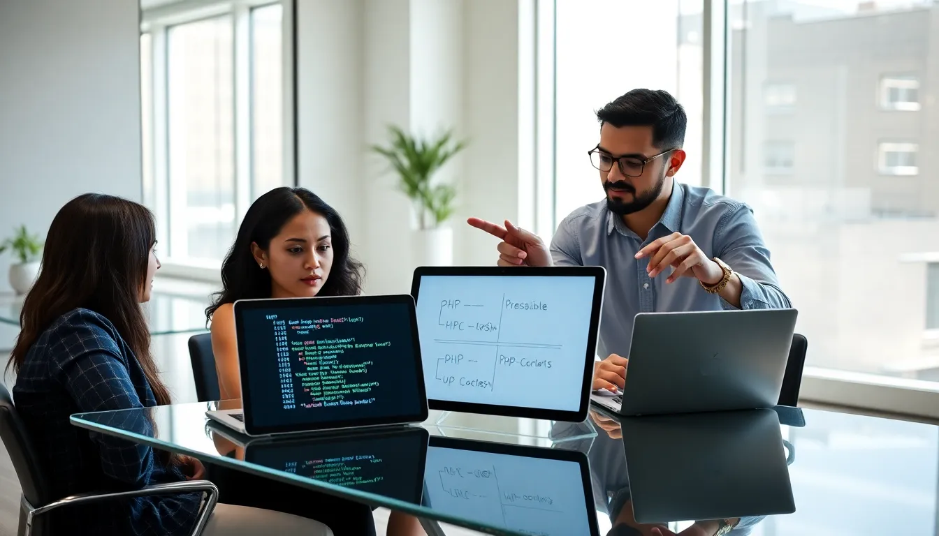 Professionals discussing PHP coding concepts in a modern office.