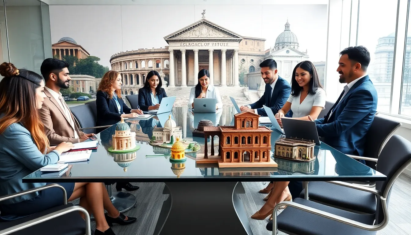 diverse team in a modern office with Roman cultural elements.