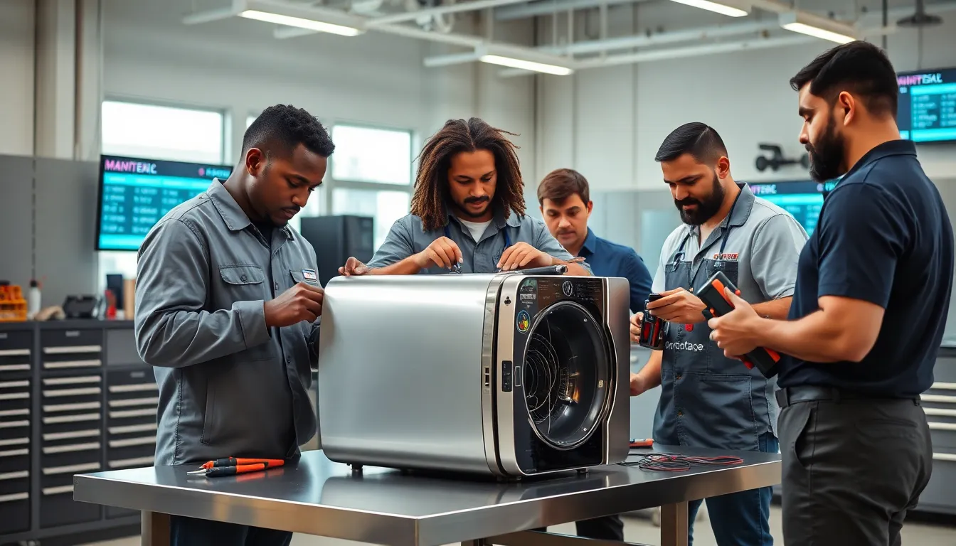 team performing maintenance repair in a modern workshop.