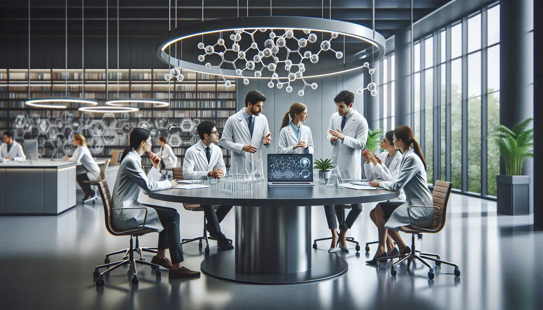 diverse scholars collaborating in a modern laboratory setting.