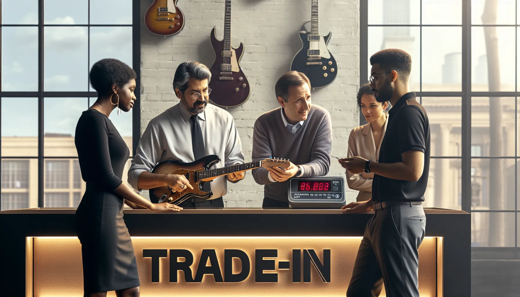 diverse professionals discussing guitar trade-in values at a modern counter.
