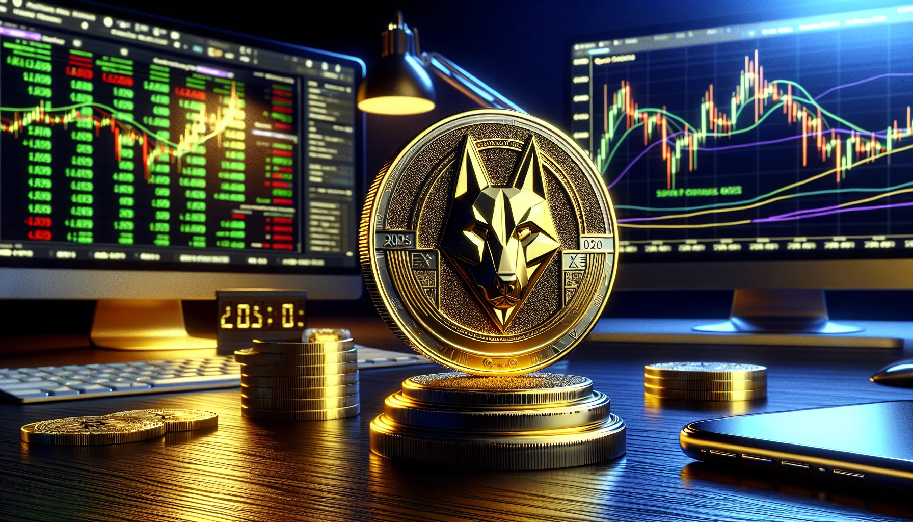 Golden Floki Inu cryptocurrency coin on trading desk with price chart monitors showing 2025-2030 predictions.