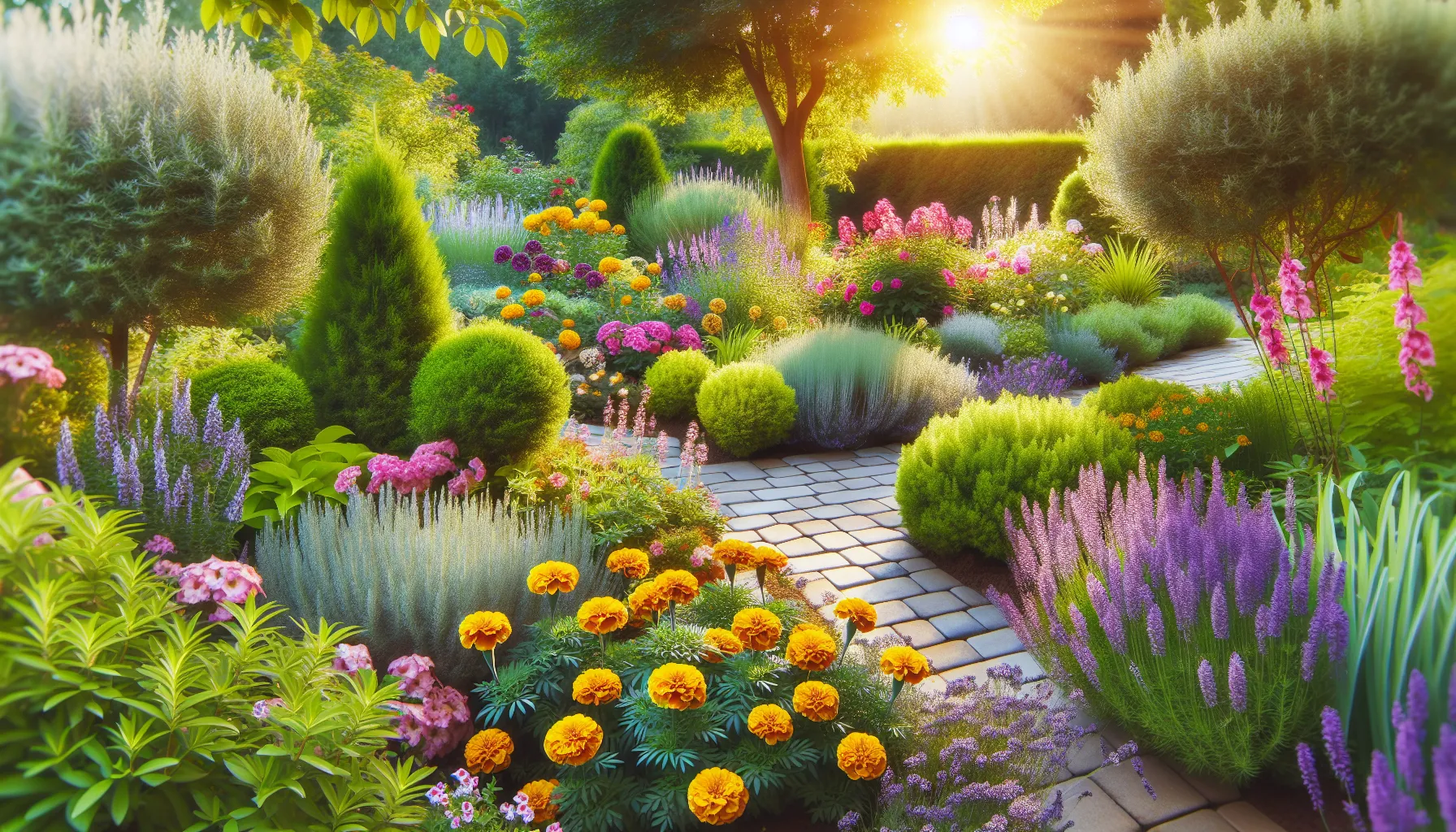 A vibrant garden blending flowering annuals and green perennials with a stone-paved pathway.