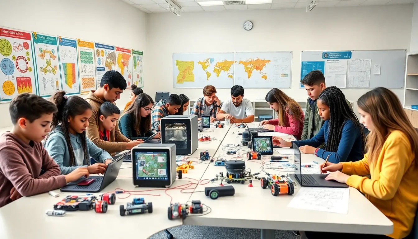 diverse students collaborating in a modern STEM classroom.