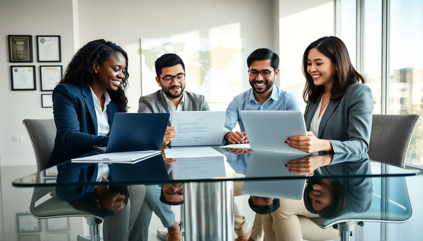 diverse debt collectors discussing in a modern office.