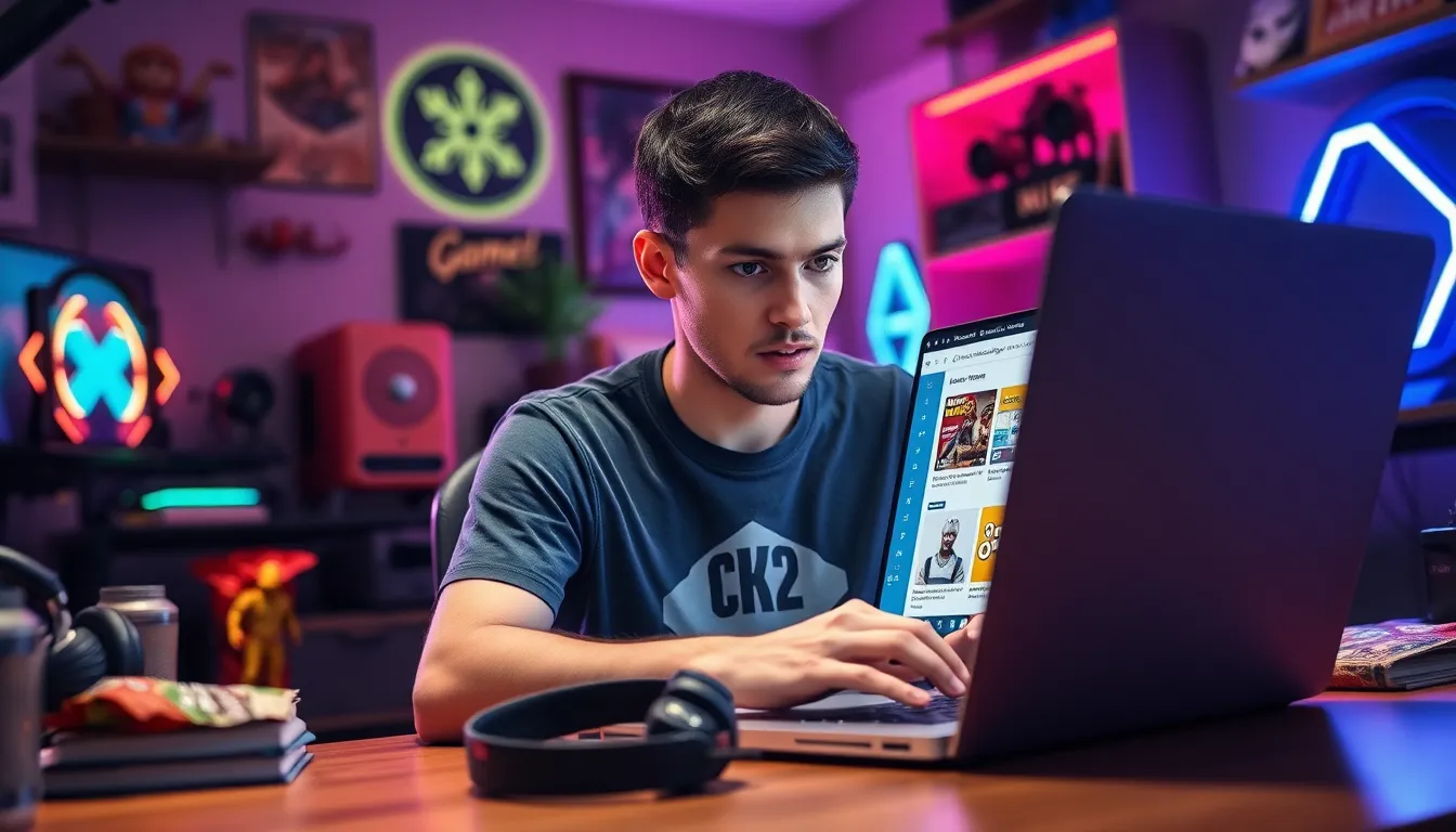 a young man creating gaming guides on a laptop in a colorful workspace.