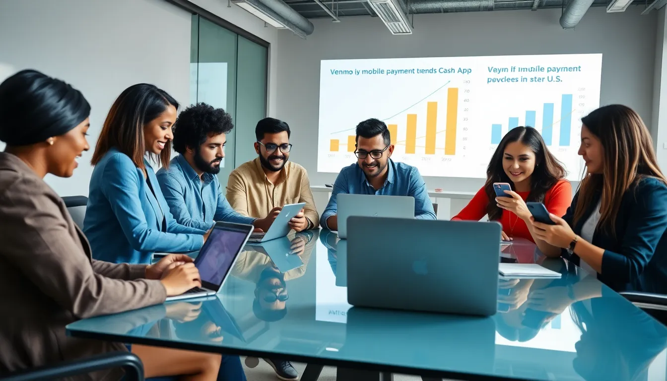 professionals using P2P payment apps in a modern office.