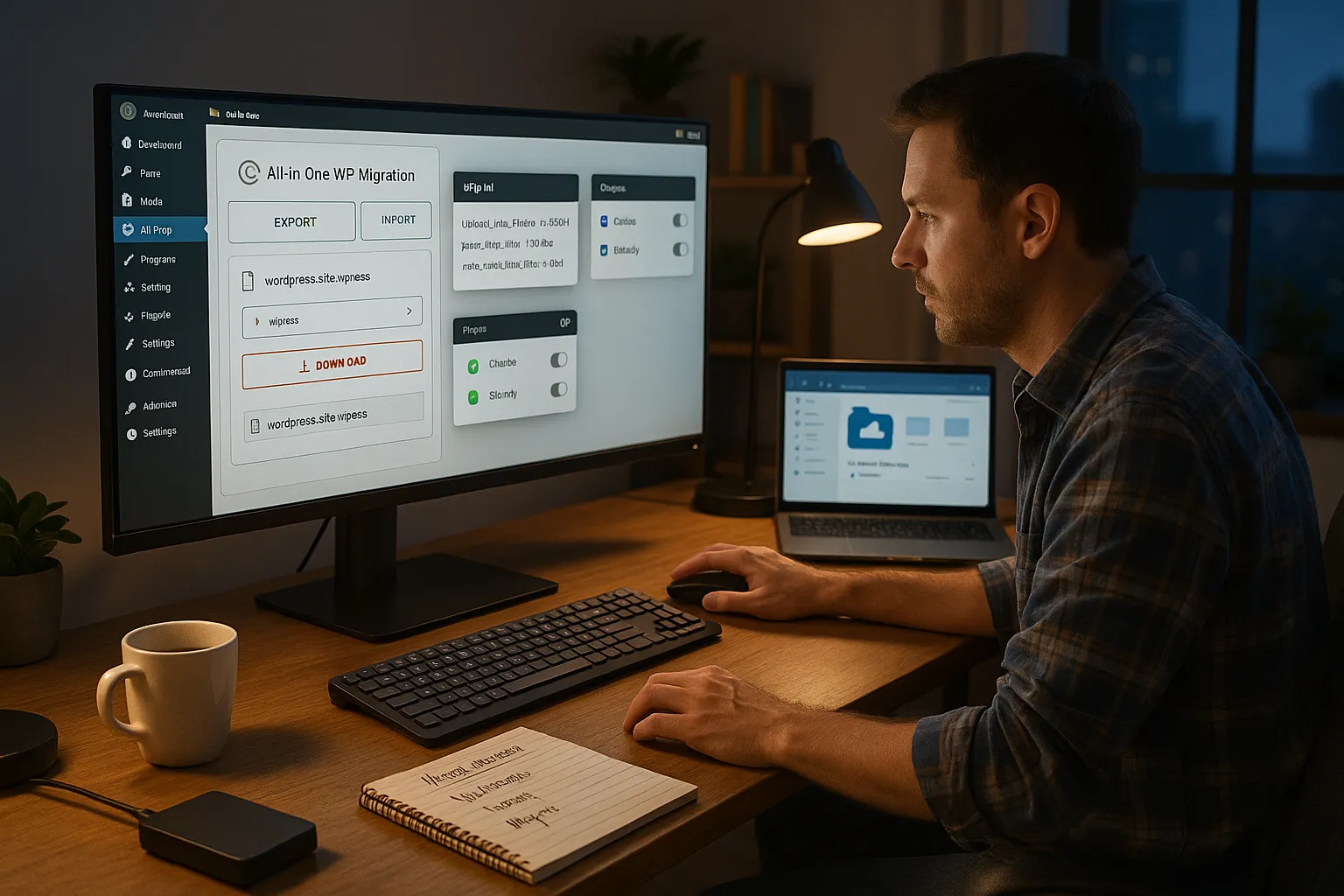 Developer preparing WordPress site for migration with backup plugin and settings open.
