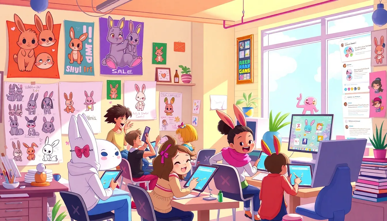 diverse artists in a colorful digital art studio creating Xoblairbunni characters.