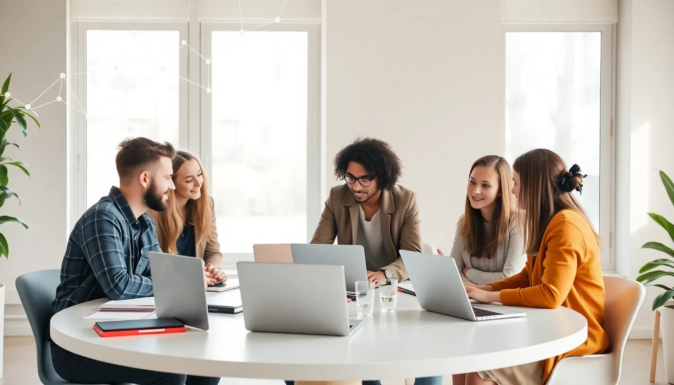 diverse bloggers collaborating in a bright, modern workspace.