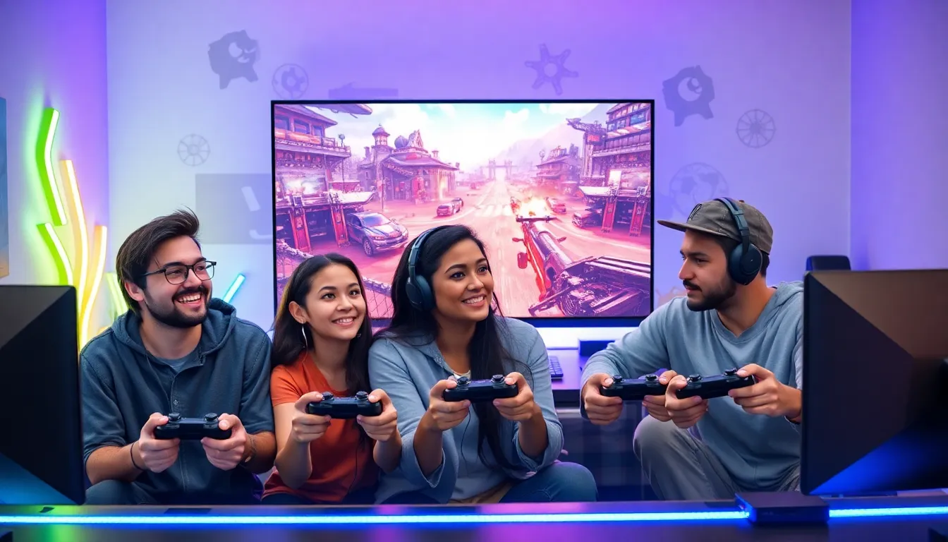 diverse gamers in a modern gaming setup with advanced technology.