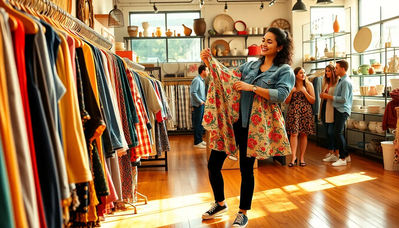 a young woman joyfully shopping in a bustling thrift store.