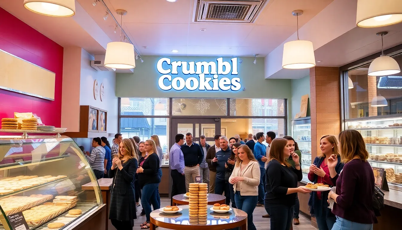 customers enjoying cookies in a vibrant Crumbl Cookies shop.