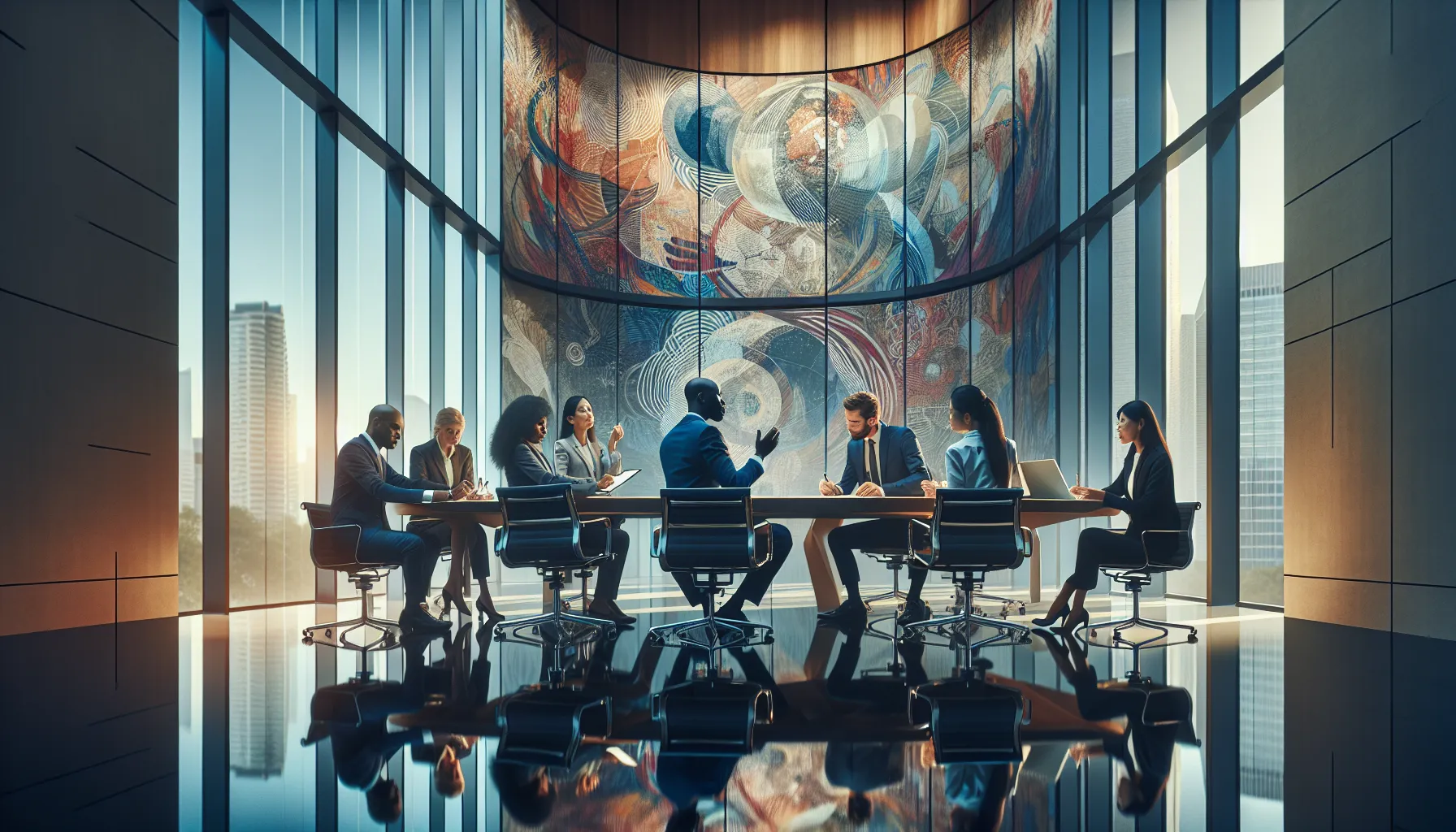 diverse professionals discussing societal impacts in a modern conference room.
