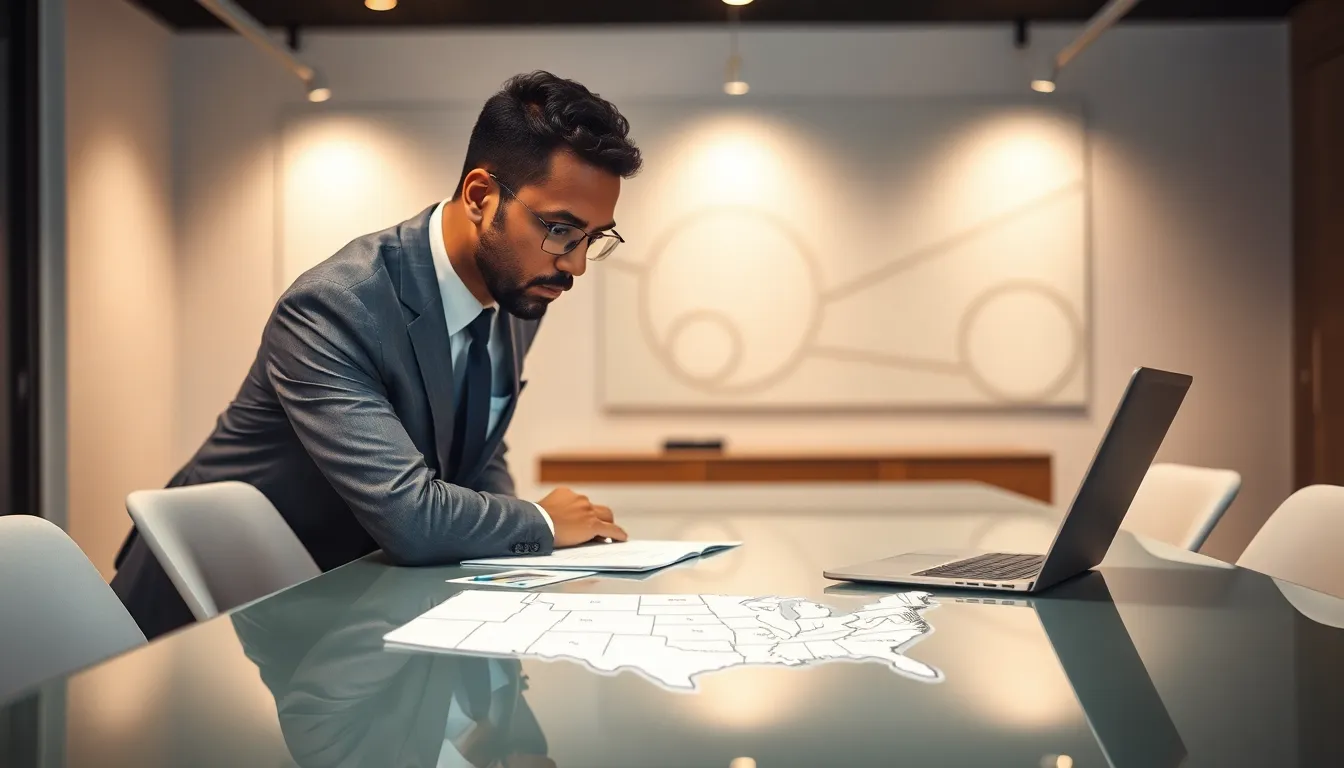 professional discussing AP Style guidelines for state names in a modern office.