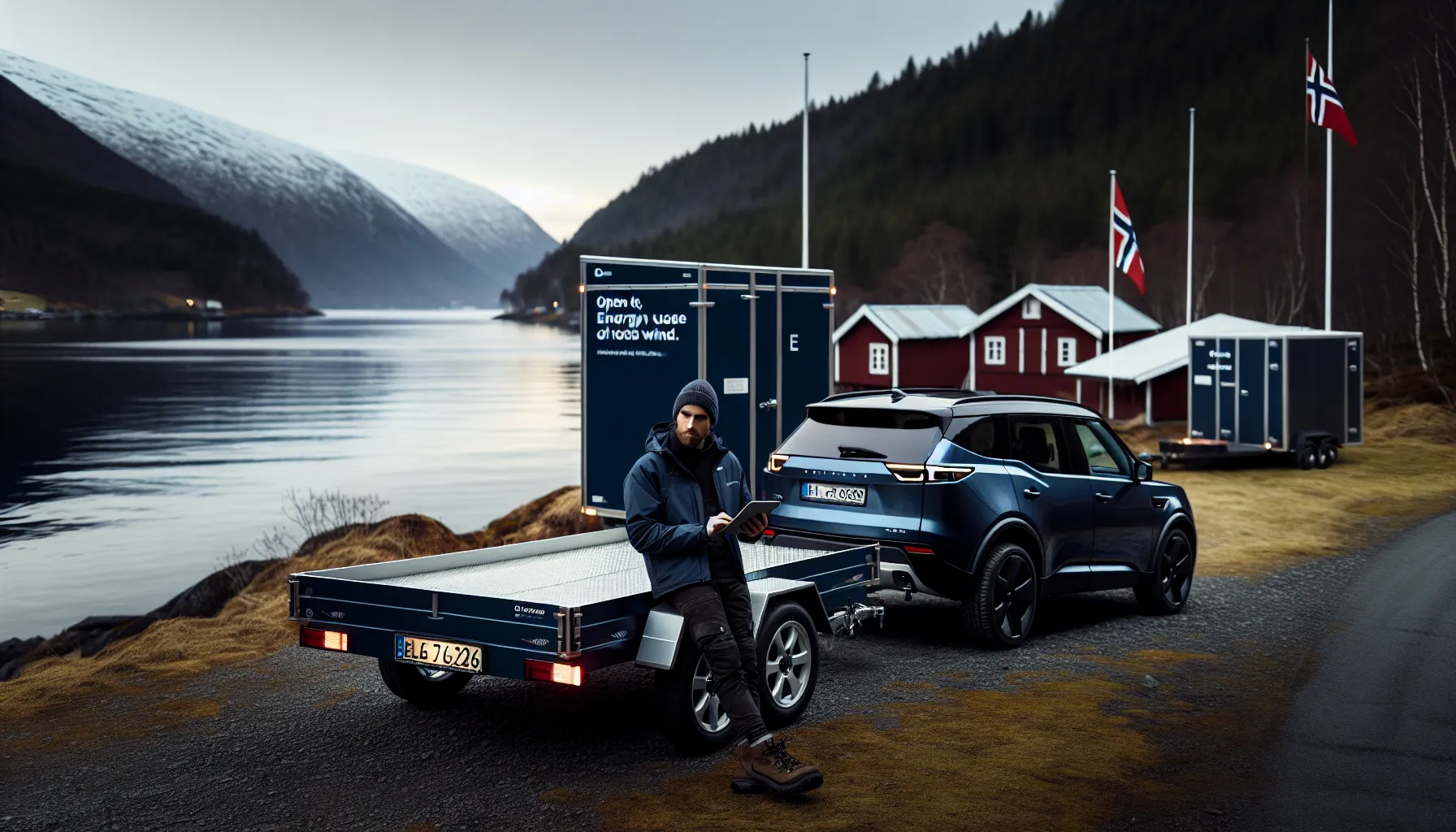 Ev with open trailer comparing closed and specialty trailers at a norwegian lot.