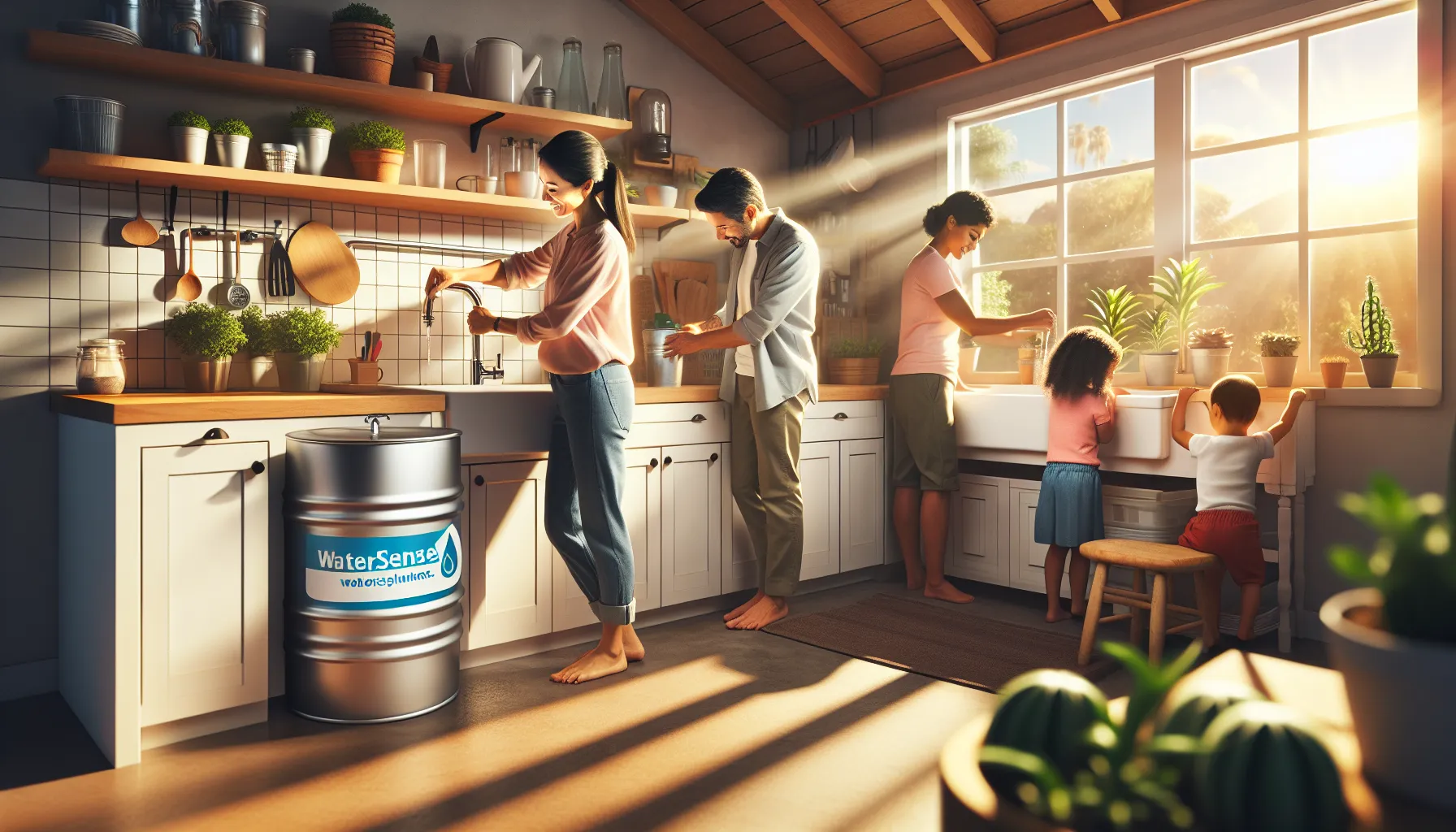 family practicing water conservation strategies in a modern kitchen.
