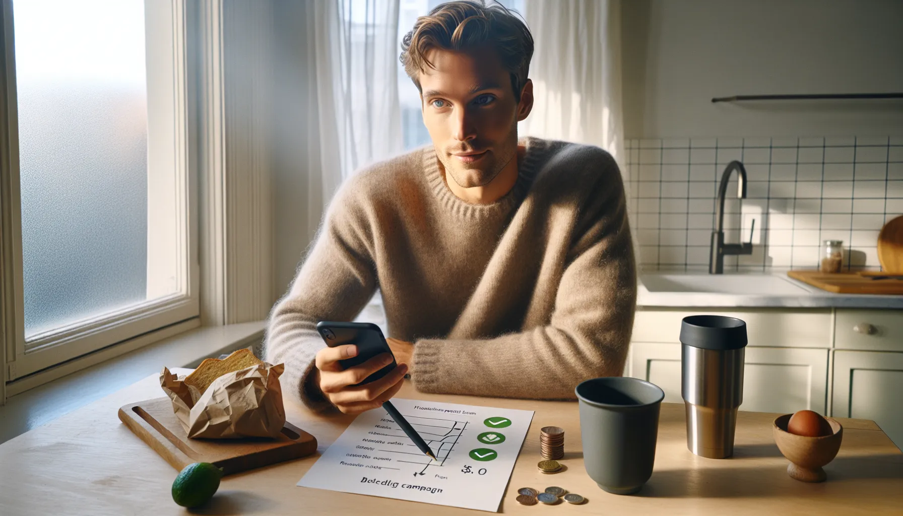 Hvordan kan du bruke gamification for å forbedre økonomisk disiplin? 3 Norwegian adult tracking gamified budget goals on a phone at breakfast.