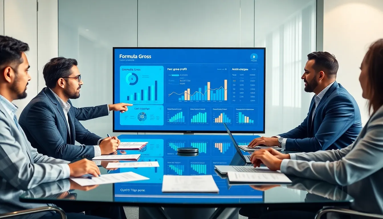 diverse financial team discussing gross profit metrics in a modern office.