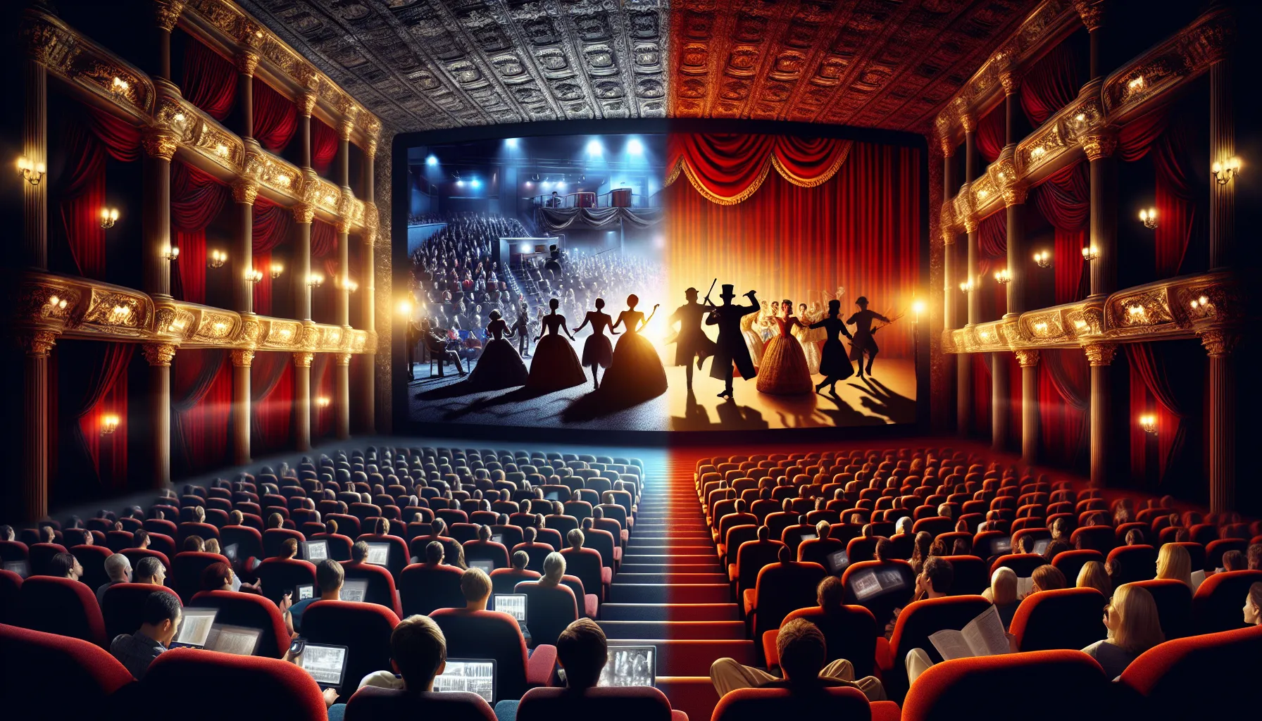 A vibrant cinema screen and a traditional theater stage with engaged audiences.