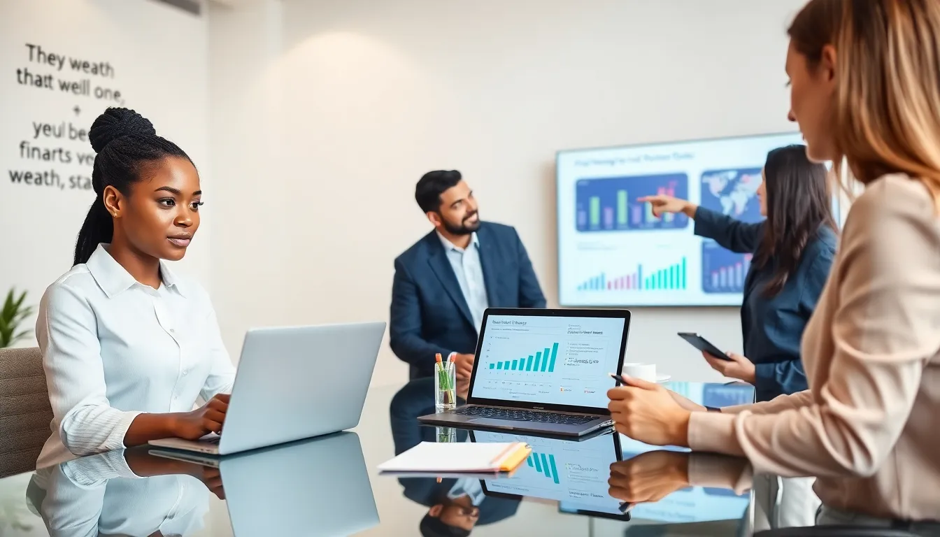 diverse professionals discussing financial literacy in a modern office.