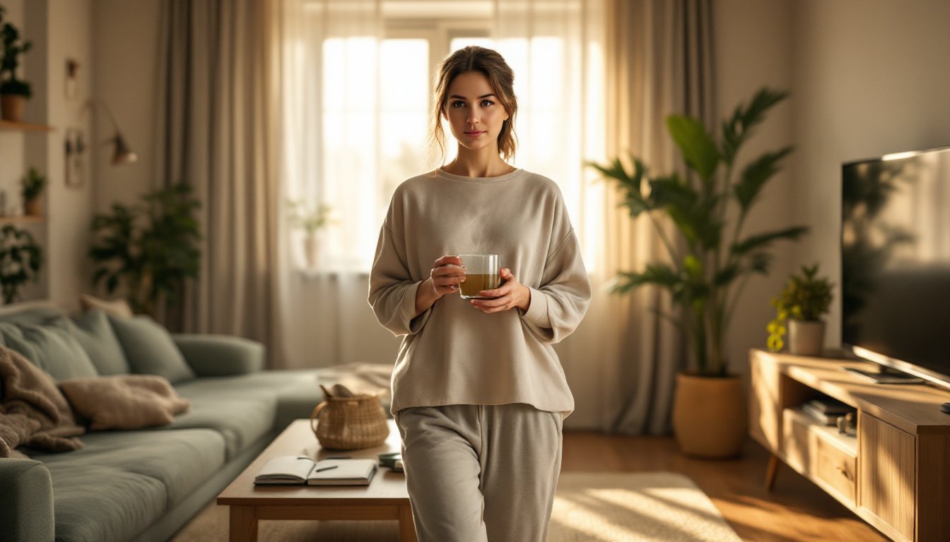 A woman holding warm water mindfully observing her sunlit living room.