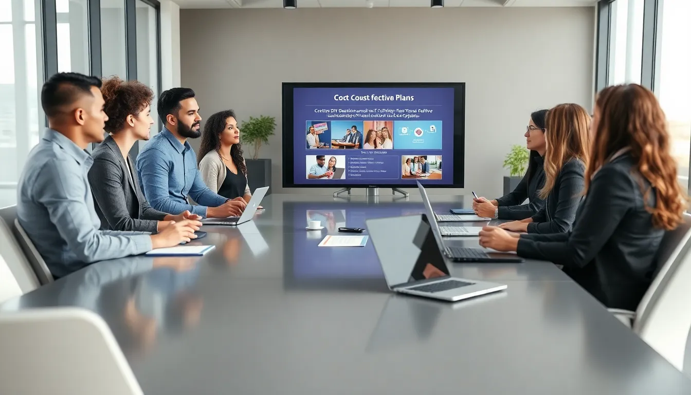 diverse professionals planning a cost-effective event in a modern office