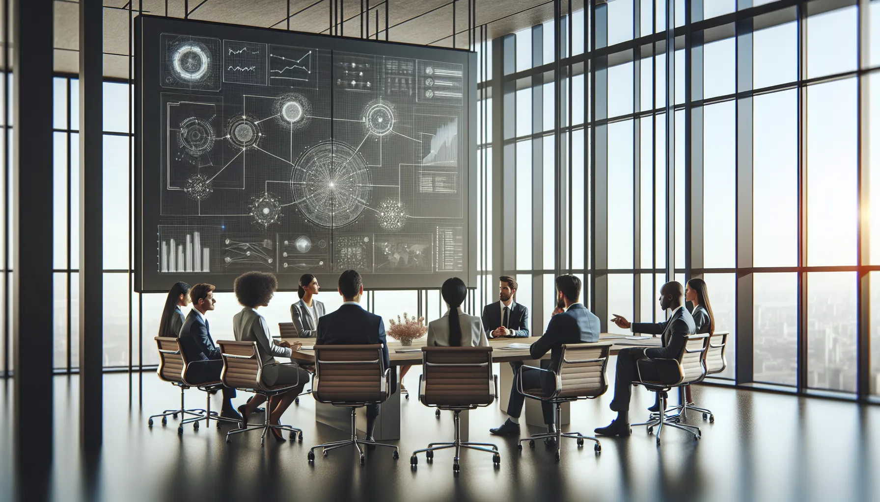 diverse professionals discussing complex systems in a modern conference room.