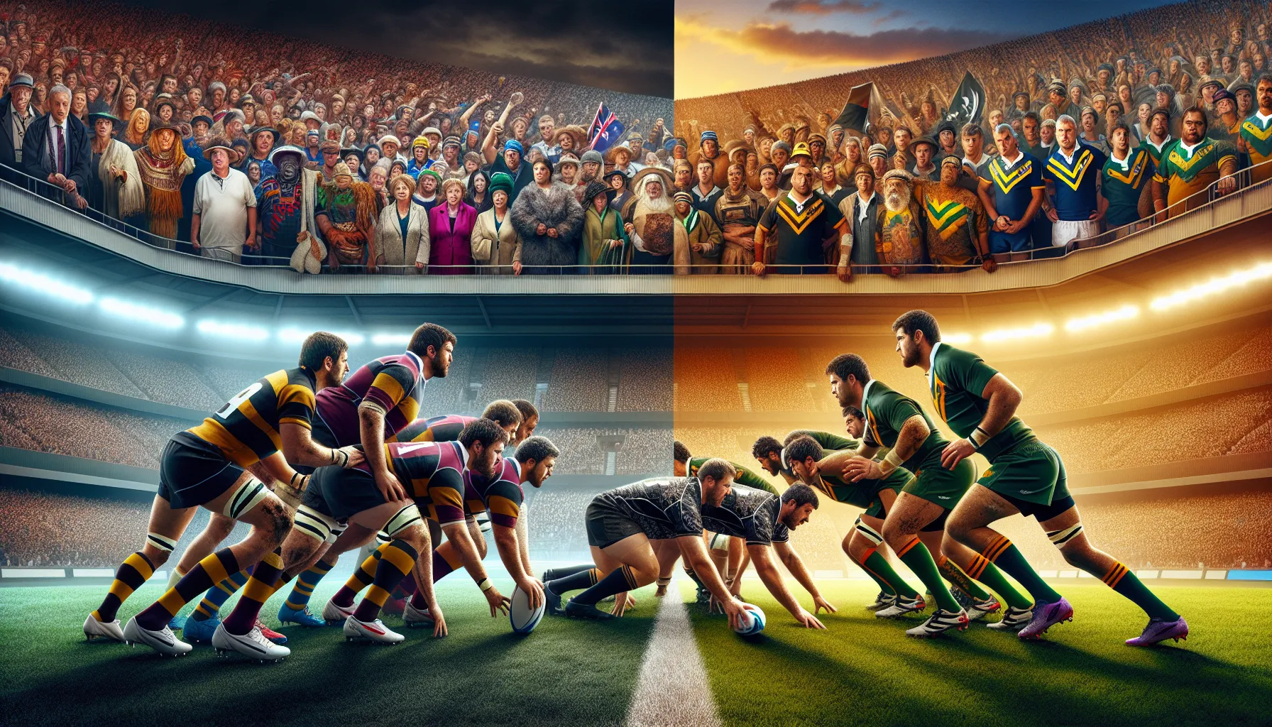 A side-by-side depiction of Rugby Union and Rugby League matches.