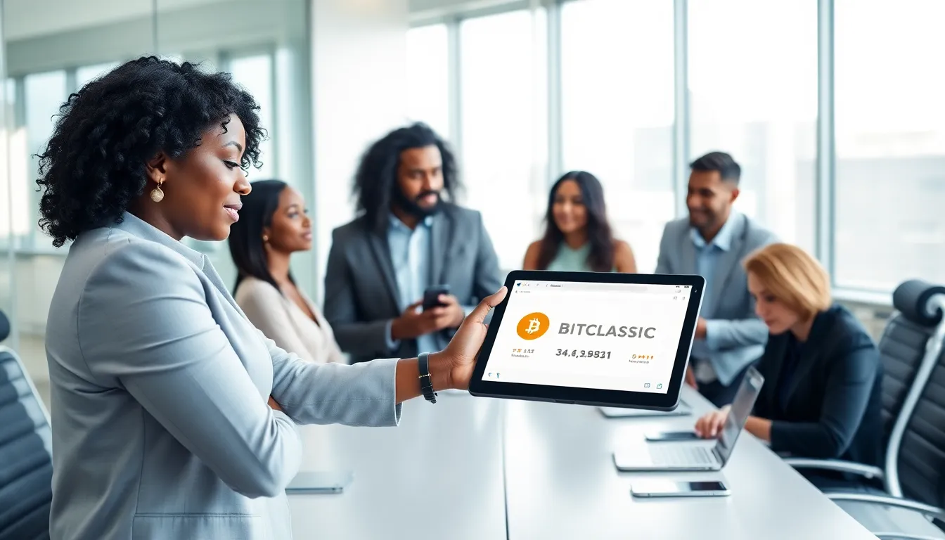 diverse team discussing Bitclassic in a modern office.