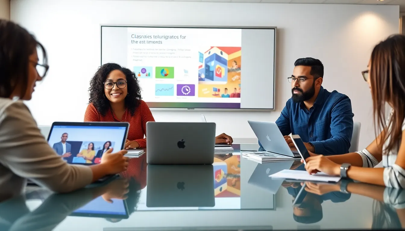 diverse professionals discussing emerging learning technologies in a modern classroom.