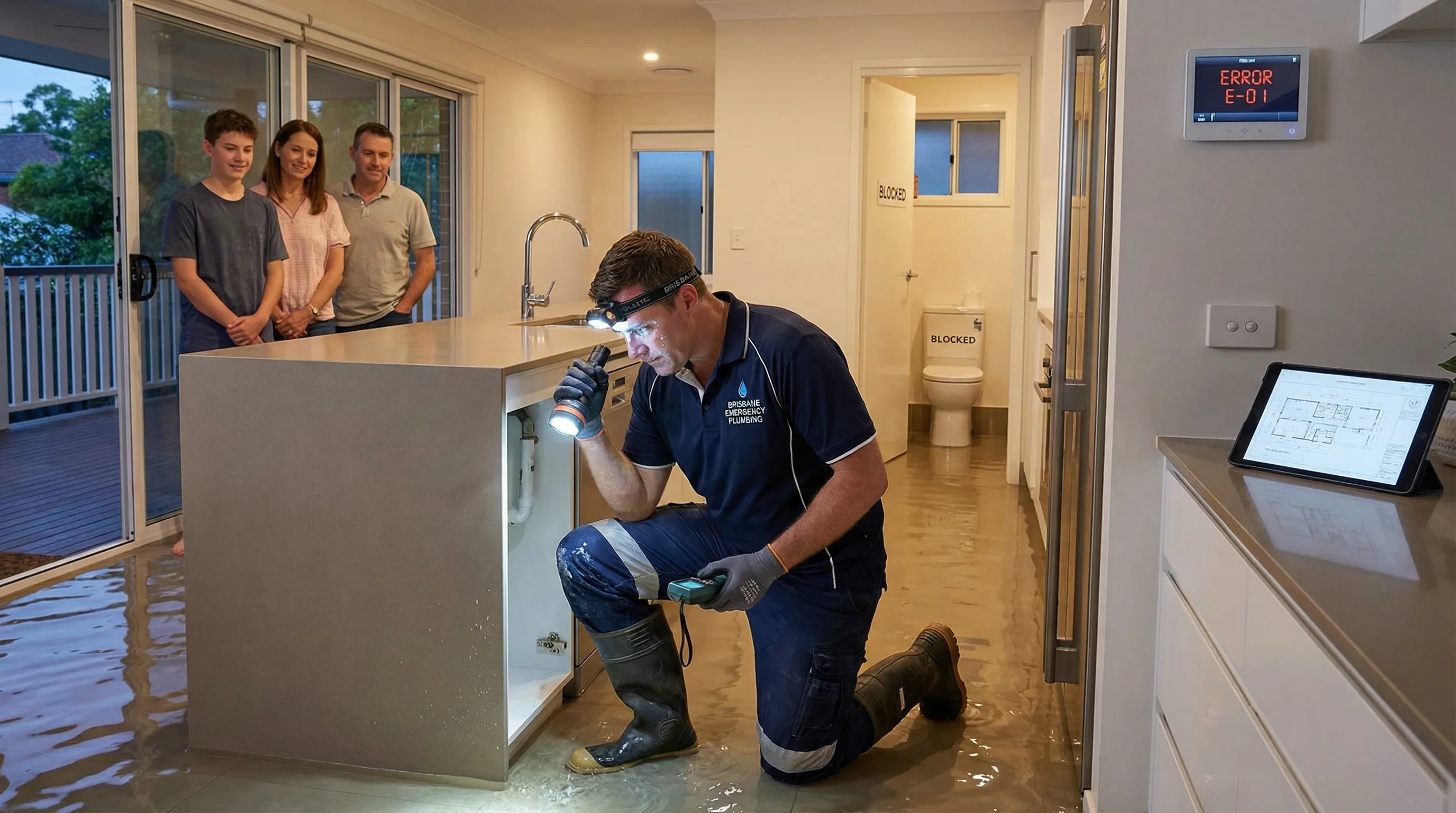 Plumber handling a late-night emergency in a modern Brisbane home.